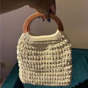 Handcrafted Cream Knit Bag with Wooden Handle